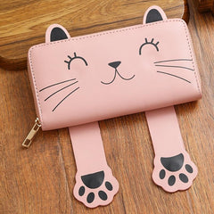 Cat Pattern Long Wallet Women's Faux Leather Card Slots & Zipper Pocket