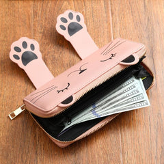 Cat Pattern Long Wallet Women's Faux Leather Card Slots & Zipper Pocket