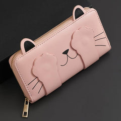 Cat Pattern Long Wallet Women's Faux Leather Card Slots & Zipper Pocket