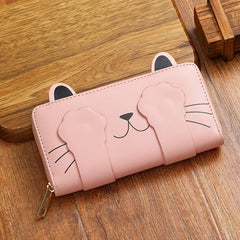 Cat Pattern Long Wallet Women's Faux Leather Card Slots & Zipper Pocket