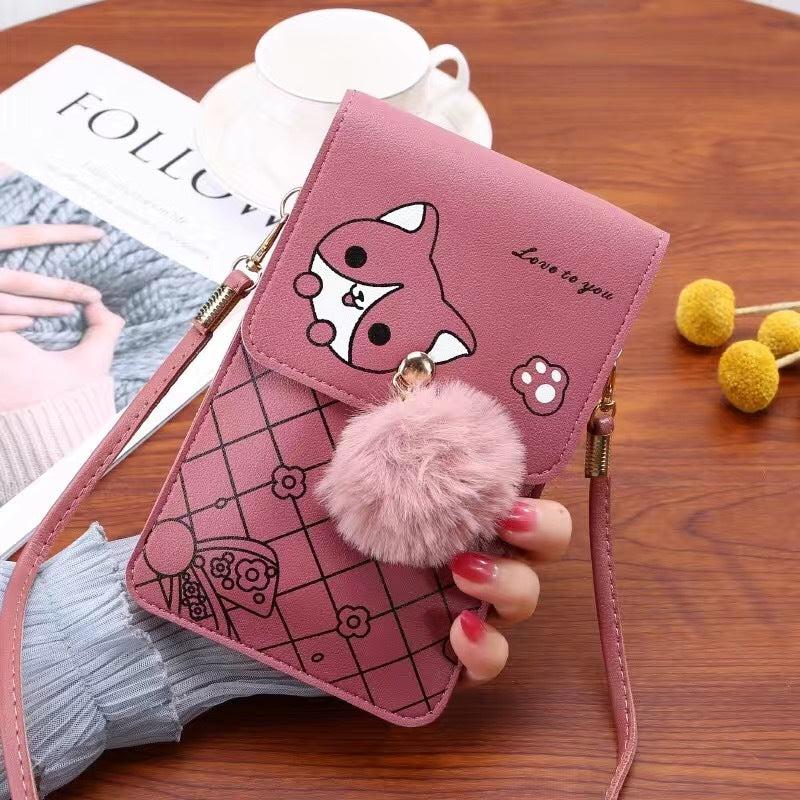 Cartoon Print Cell Phone Bag with Strap & Pom Pom