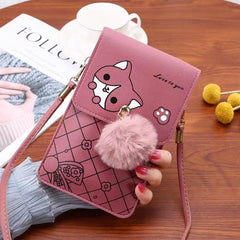 Cartoon Print Cell Phone Bag with Strap & Pom Pom