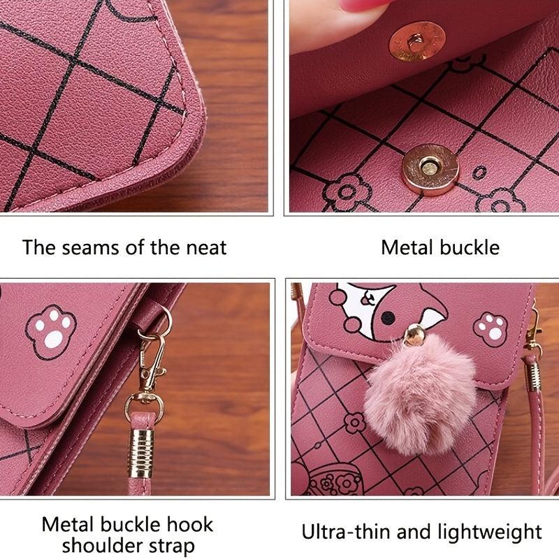 Cartoon Print Cell Phone Bag with Strap & Pom Pom