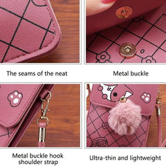 Cartoon Print Cell Phone Bag with Strap & Pom Pom