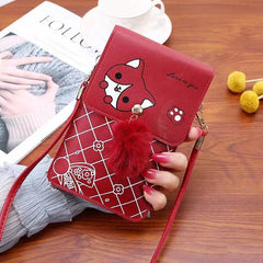 Cartoon Print Cell Phone Bag with Strap & Pom Pom