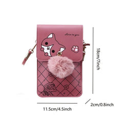 Cartoon Print Cell Phone Bag with Strap & Pom Pom