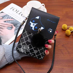Cartoon Print Cell Phone Bag with Strap & Pom Pom