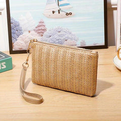Straw Woven Clutch Wallet Braided Phone Purses Women's Square Zipper Handbags