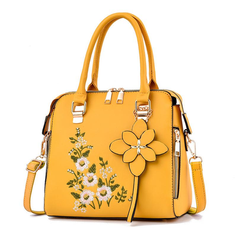 Flower Embroidery Shoulder Bag Floral Pendant Zipper Tote Handbag
