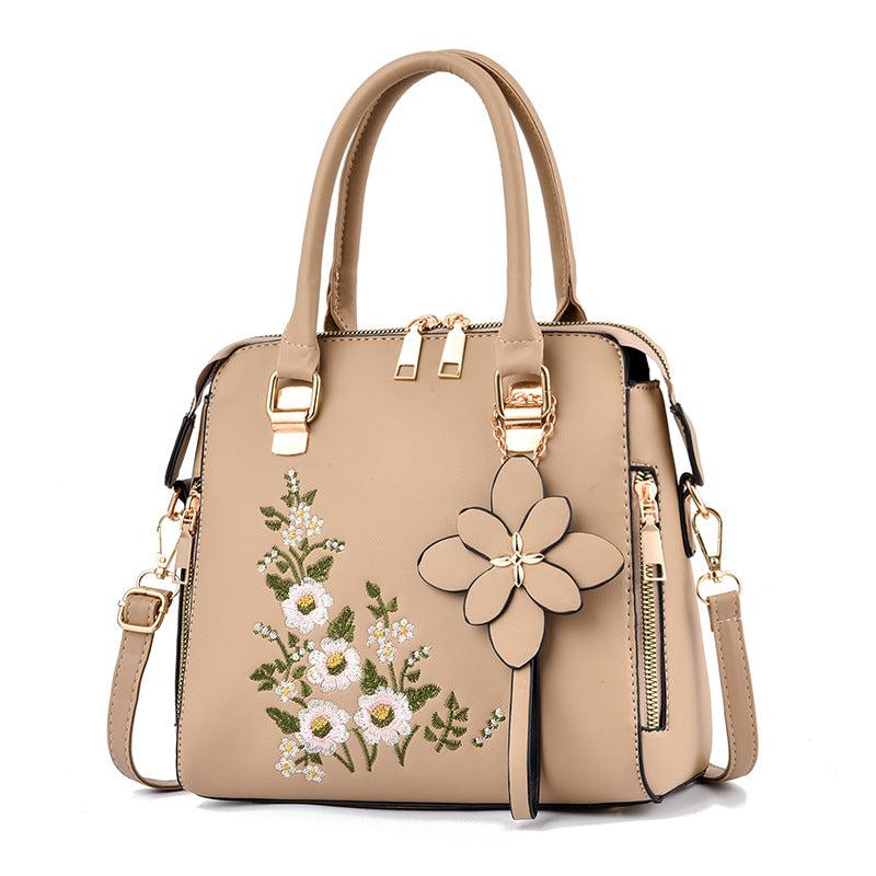 Flower Embroidery Shoulder Bag Floral Pendant Zipper Tote Handbag