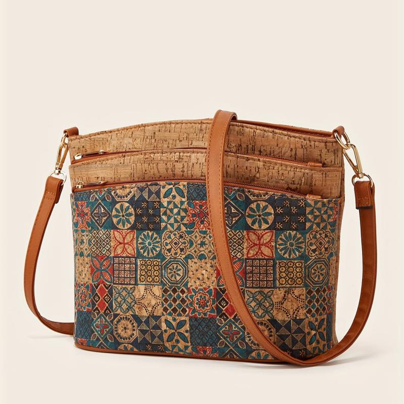 Vintage Flower Print Crossbody Bag Women's Tree Bark Pattern Purse