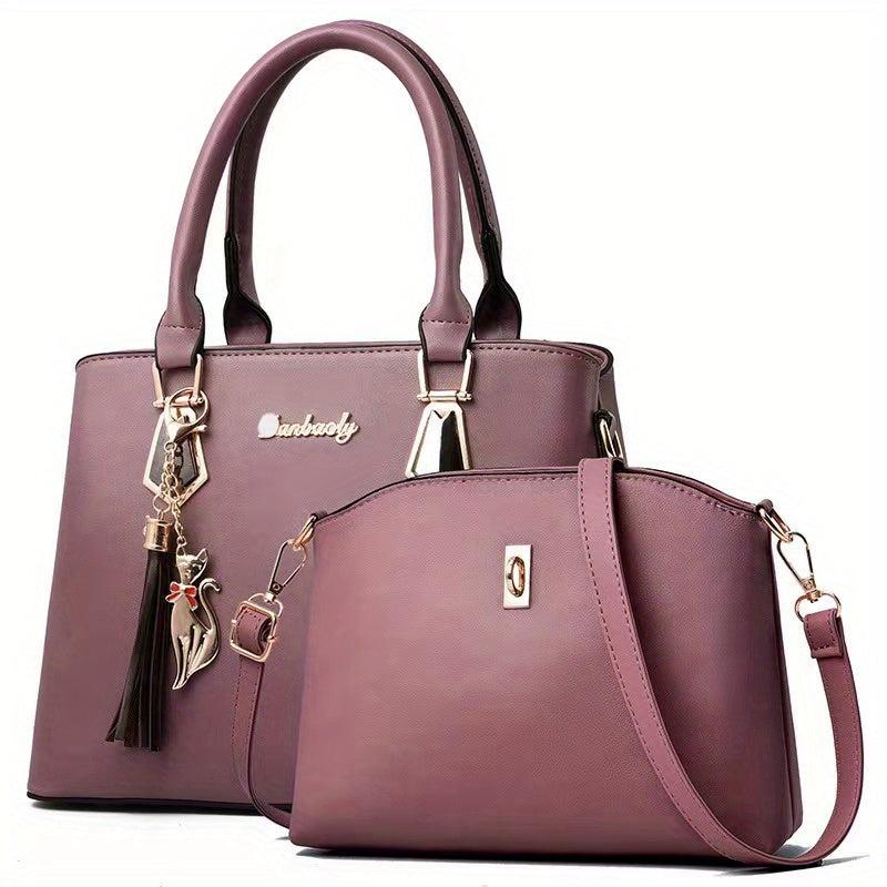 2Pcs Tassel Decor Handbag Set: Tote & Crossbody Bag