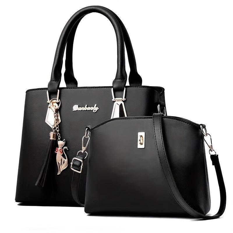 2Pcs Tassel Decor Handbag Set: Tote & Crossbody Bag