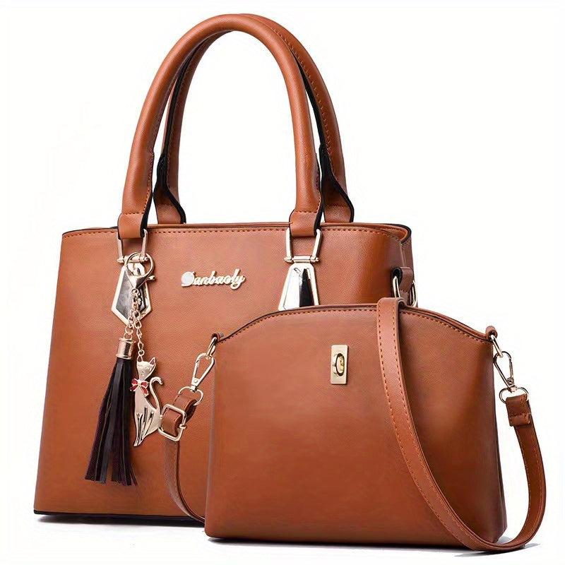 2Pcs Tassel Decor Handbag Set: Tote & Crossbody Bag