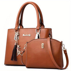 2Pcs Tassel Decor Handbag Set: Tote & Crossbody Bag