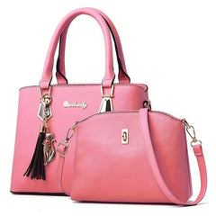 2Pcs Tassel Decor Handbag Set: Tote & Crossbody Bag
