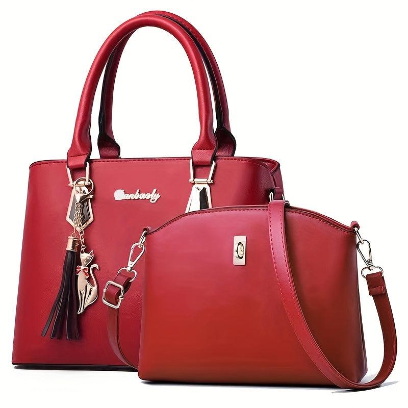 2Pcs Tassel Decor Handbag Set: Tote & Crossbody Bag