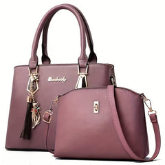 2Pcs Tassel Decor Handbag Set: Tote & Crossbody Bag