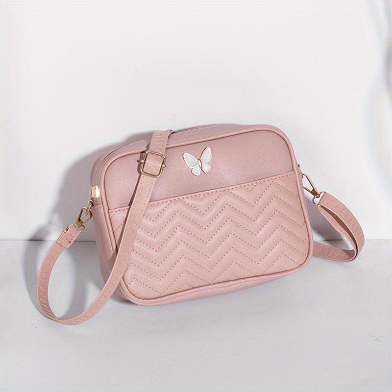 Chevron Quilted Crossbody Bag Butterfly Decor Faux Leather Shoulder Bag