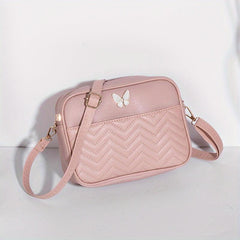 Chevron Quilted Crossbody Bag Butterfly Decor Faux Leather Shoulder Bag