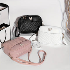 Chevron Quilted Crossbody Bag Butterfly Decor Faux Leather Shoulder Bag