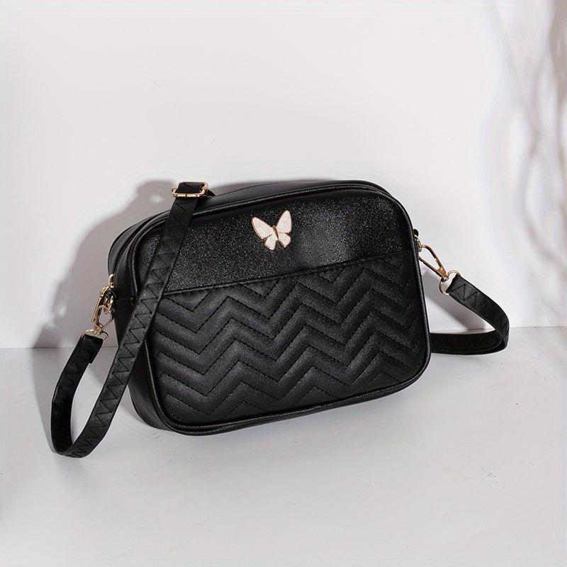 Chevron Quilted Crossbody Bag Butterfly Decor Faux Leather Shoulder Bag
