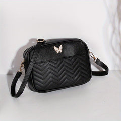 Chevron Quilted Crossbody Bag Butterfly Decor Faux Leather Shoulder Bag