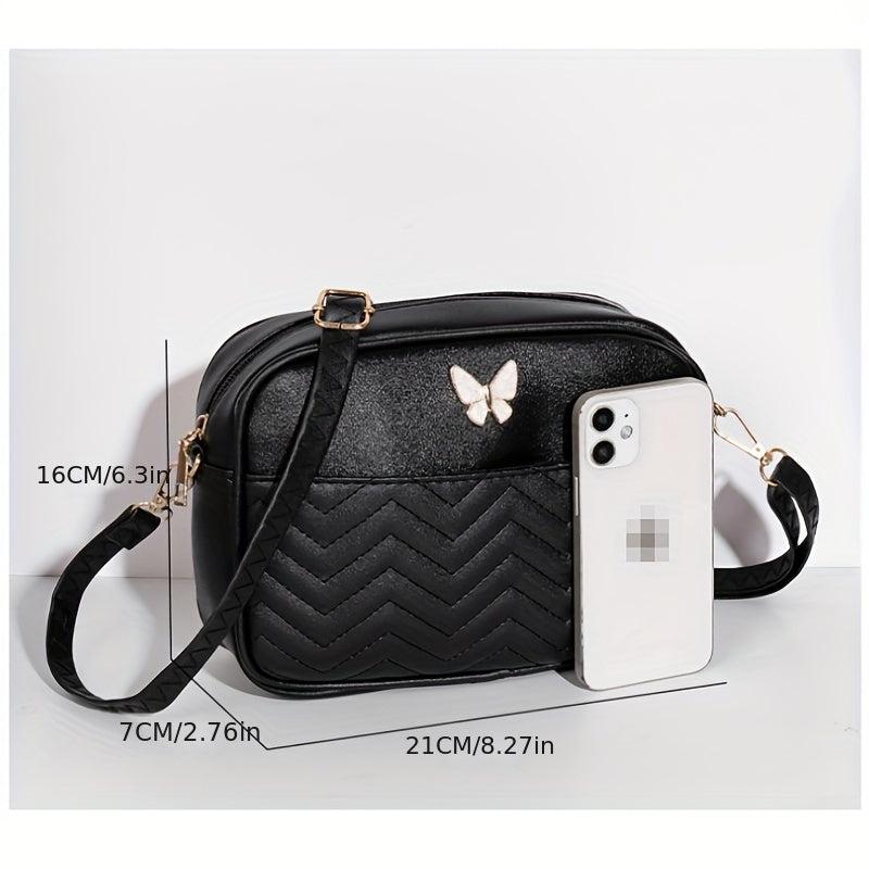 Chevron Quilted Crossbody Bag Butterfly Decor Faux Leather Shoulder Bag