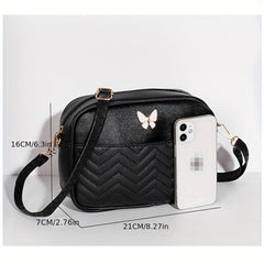 Chevron Quilted Crossbody Bag Butterfly Decor Faux Leather Shoulder Bag