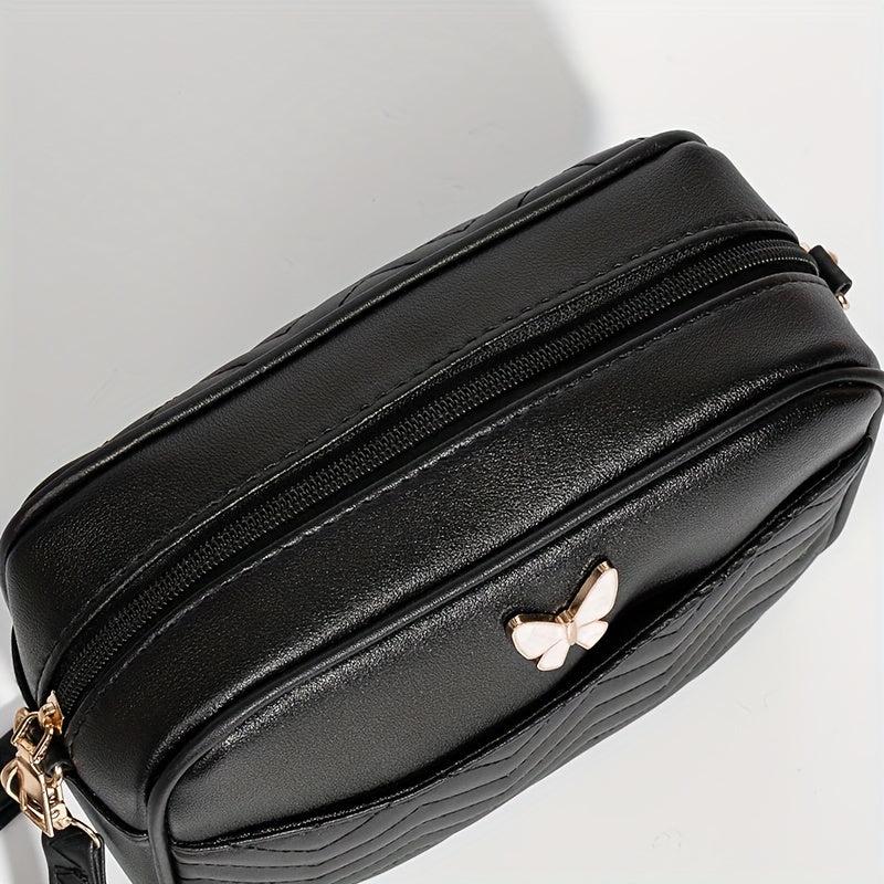 Chevron Quilted Crossbody Bag Butterfly Decor Faux Leather Shoulder Bag