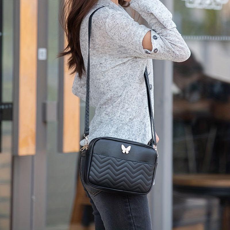 Chevron Quilted Crossbody Bag Butterfly Decor Faux Leather Shoulder Bag