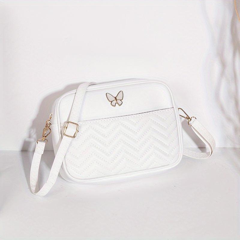 Chevron Quilted Crossbody Bag Butterfly Decor Faux Leather Shoulder Bag