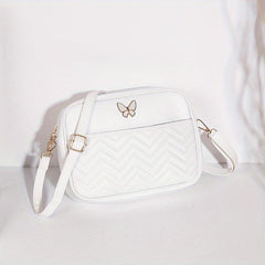 Chevron Quilted Crossbody Bag Butterfly Decor Faux Leather Shoulder Bag