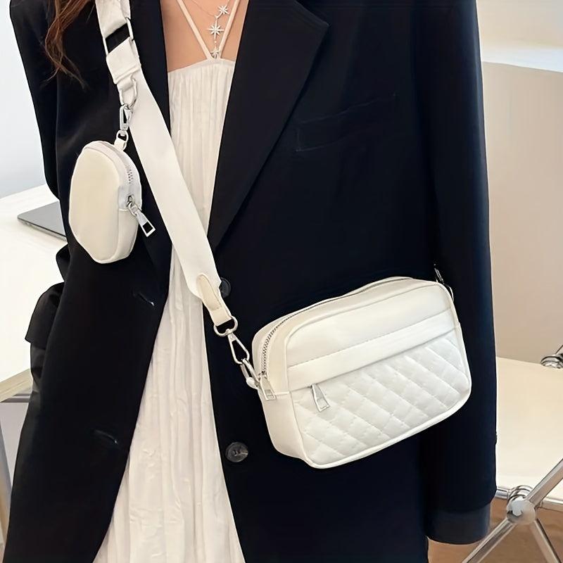 2Pcs Argyle Quilted Bag Set Solid Crossbody Shoulder Bag With Coin Purses