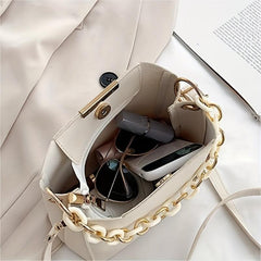 Chain Decor Bucket Bag Faux Leather Crossbody Handbag Small Shoulder Purse