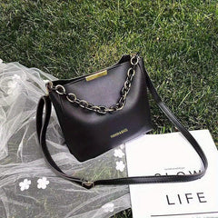 Chain Decor Bucket Bag Faux Leather Crossbody Handbag Small Shoulder Purse