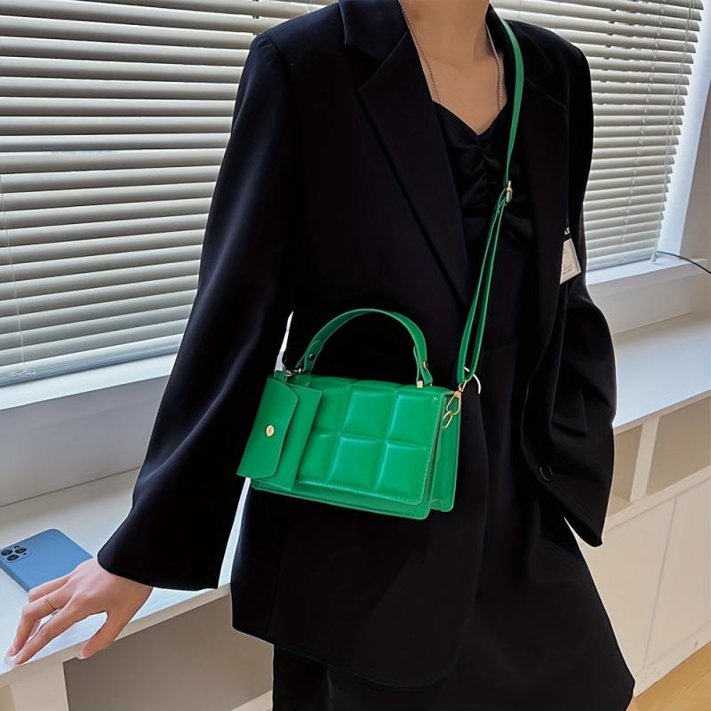 Plaid Embossed Square Bag With Coin Purse Solid Crossbody Bag Women's PU Leather