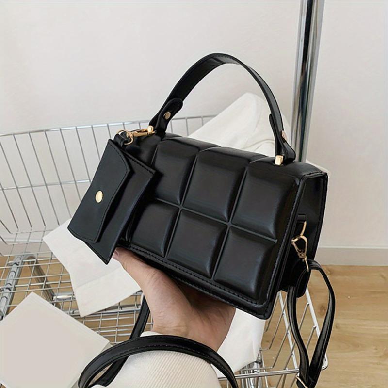 Plaid Embossed Square Bag With Coin Purse Solid Crossbody Bag Women's PU Leather
