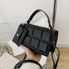 Plaid Embossed Square Bag With Coin Purse Solid Crossbody Bag Women's PU Leather
