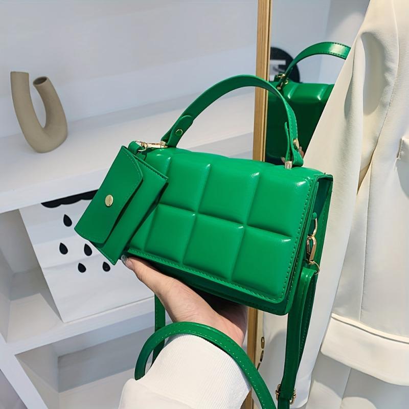 Plaid Embossed Square Bag With Coin Purse Solid Crossbody Bag Women's PU Leather
