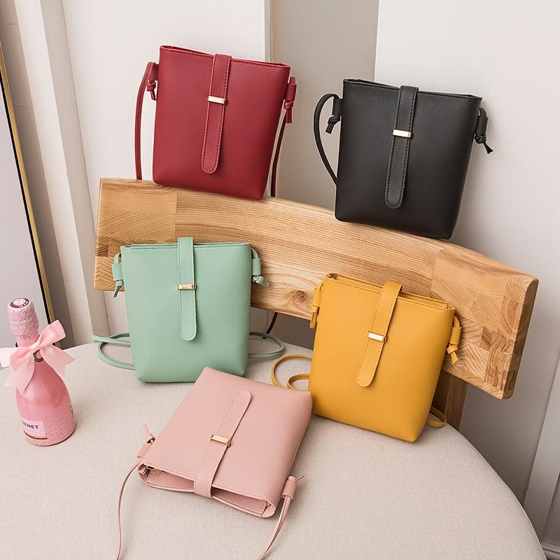 Small Solid Crossbody Square Bag Women's Buckle Decor Shoulder Bucket Bag