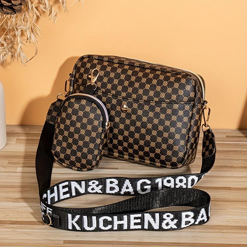Vintage Square Shoulder Bag Zipper Crossbody Bag With Wide Straps & Mini Purse