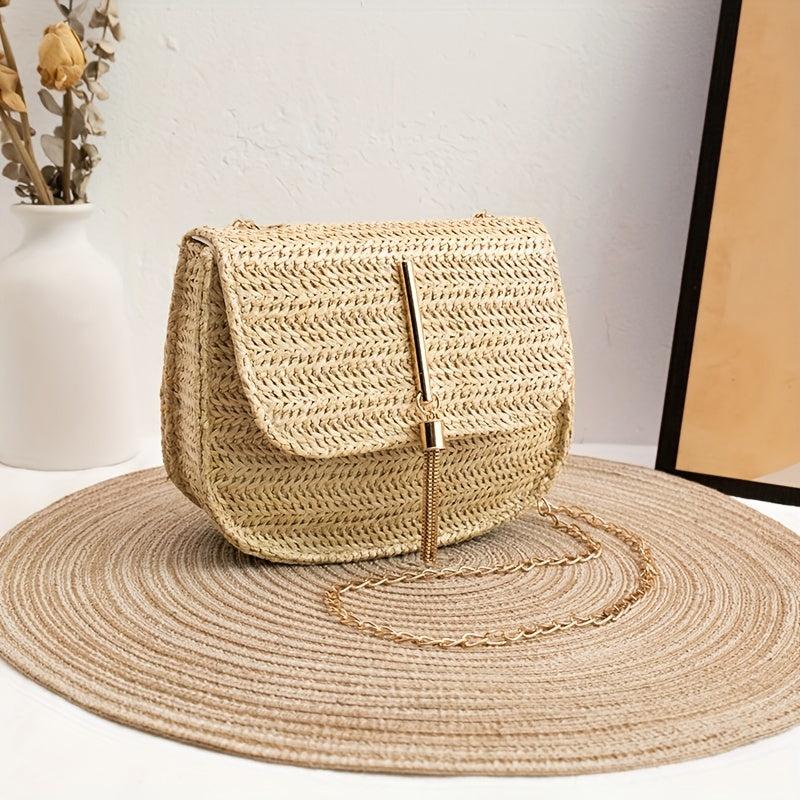 Straw Saddle Bag Chain Crossbody Tassel Beach Bag
