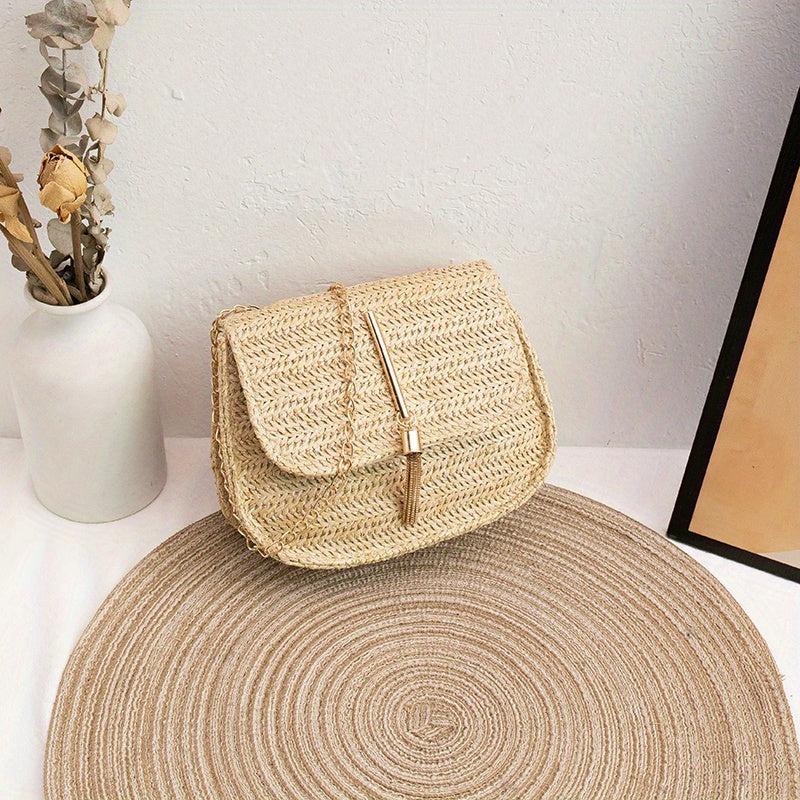 Straw Saddle Bag Chain Crossbody Tassel Beach Bag