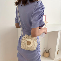 Flower Decor Straw Bag Drawstring Shoulder Bag