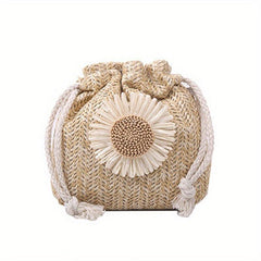 Flower Decor Straw Bag Drawstring Shoulder Bag
