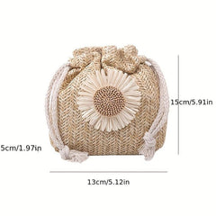 Flower Decor Straw Bag Drawstring Shoulder Bag