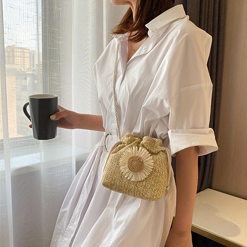 Flower Decor Straw Bag Drawstring Shoulder Bag