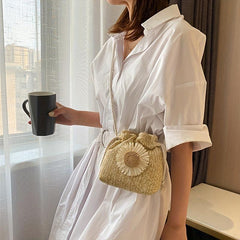 Flower Decor Straw Bag Drawstring Shoulder Bag