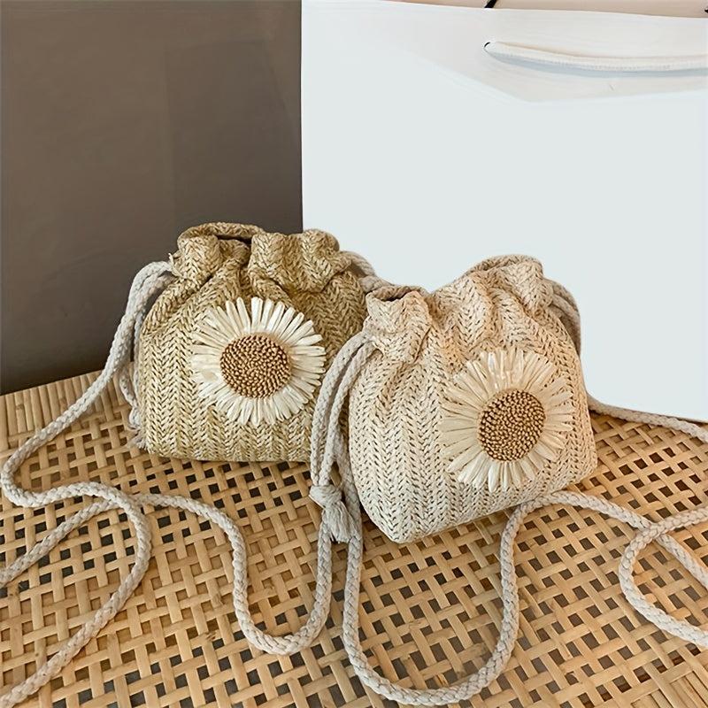 Flower Decor Straw Bag Drawstring Shoulder Bag